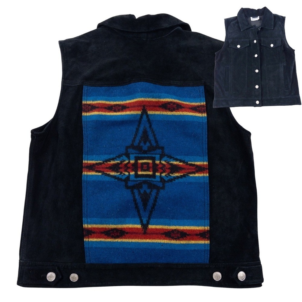 Pendleton Blanket Suede Vest Womens S/M‎ Black Western Aztec Southwest Leather